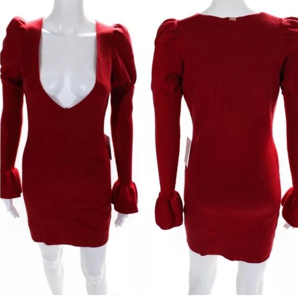 For Love and Lemons Knits NEW Puff Sleeve Oxford Red Ribbed Mini Sweater Dress S - Picture 7 of 9